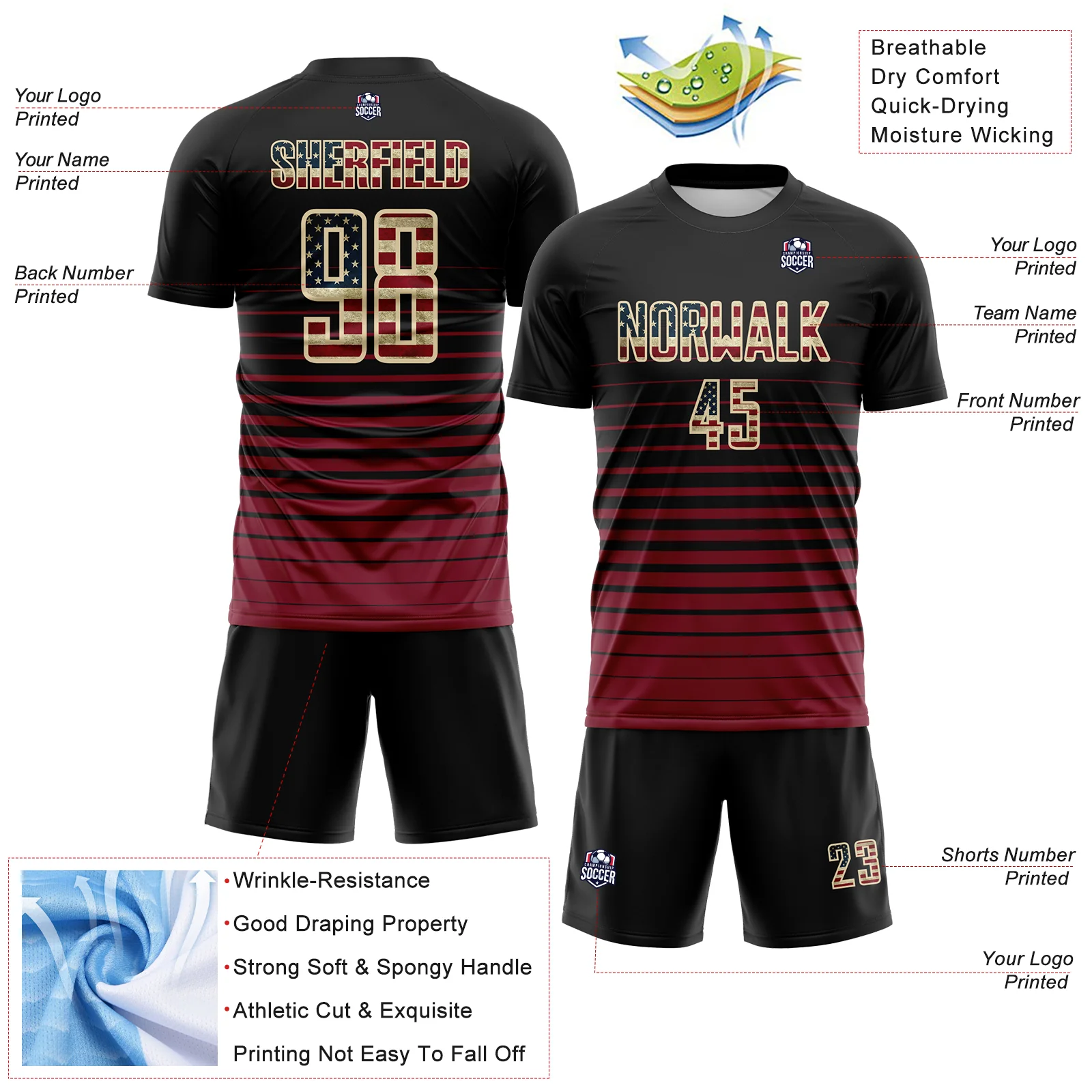 Custom Black Vintage USA Flag Cream-Crimson Gradient Pinstripe Sublimation Soccer Uniform Jersey - Image 4