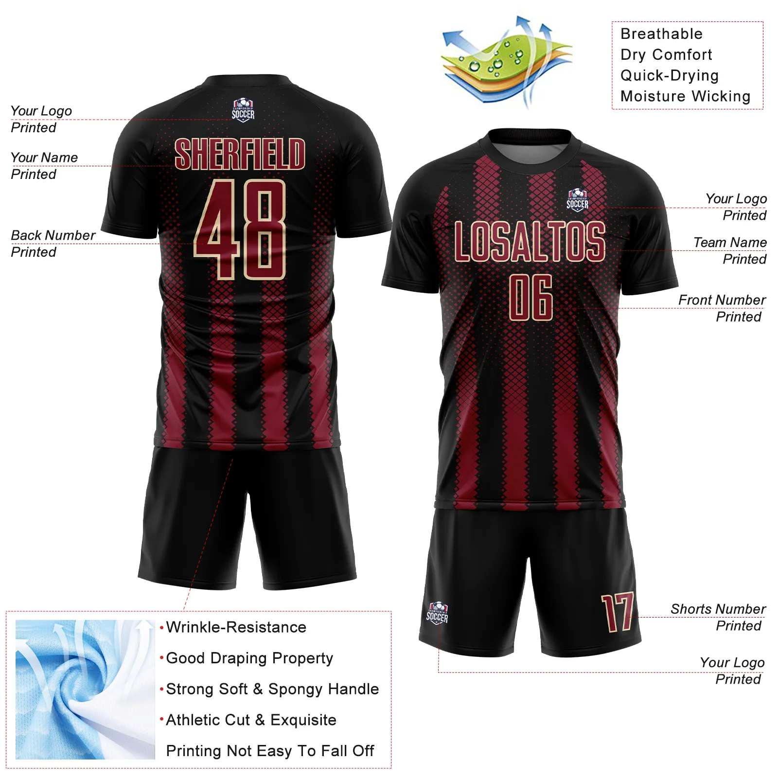 Custom Black Crimson-Cream Geometric Shape Sublimation Soccer Uniform Jersey - Image 4