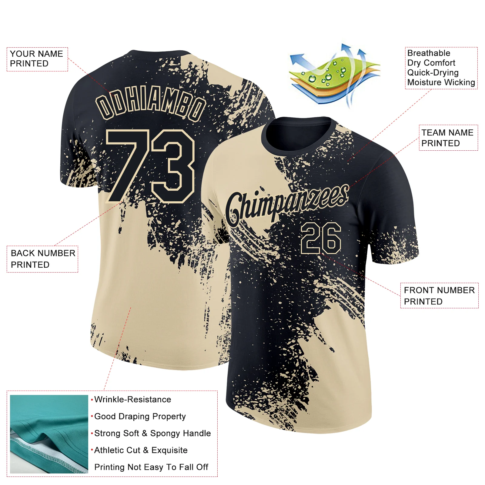 Custom Black Cream 3D Pattern Design Abstract Brush Stroke Performance T-Shirt - Image 2