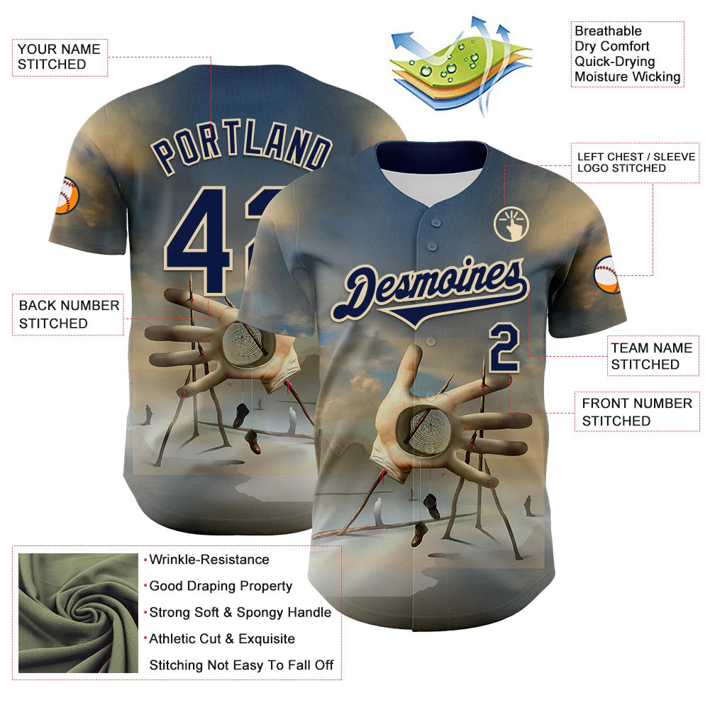 Custom Blue Navy-Cream 3D Marcel Caram The Barbs And The Hand Authentic Baseball Jersey - Image 3