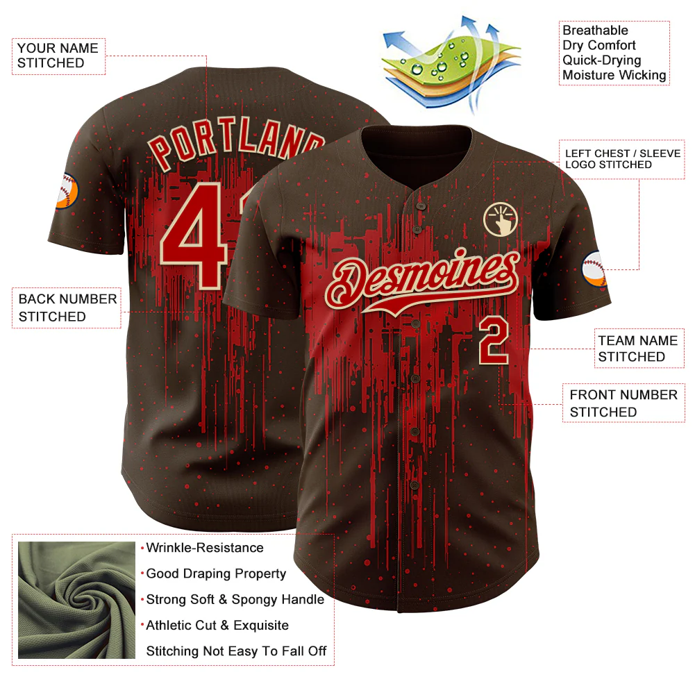 Custom Brown Red-Cream Dripping Splatter Paint Authentic Baseball Jersey - Image 3