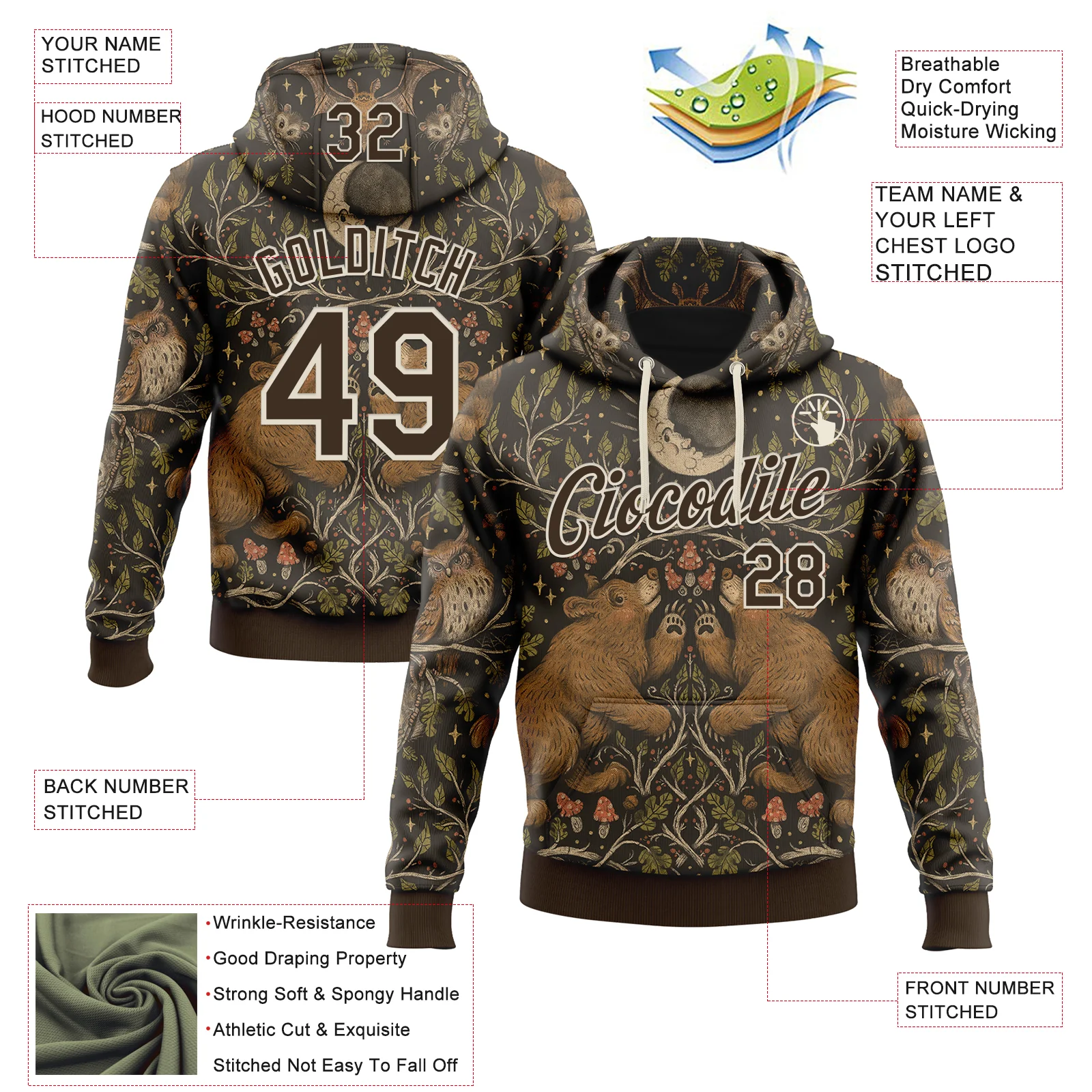 Custom Stitched Brown Cream 3D Emi Bee Woodland Moonlight Sports Pullover Sweatshirt Hoodie - Image 2