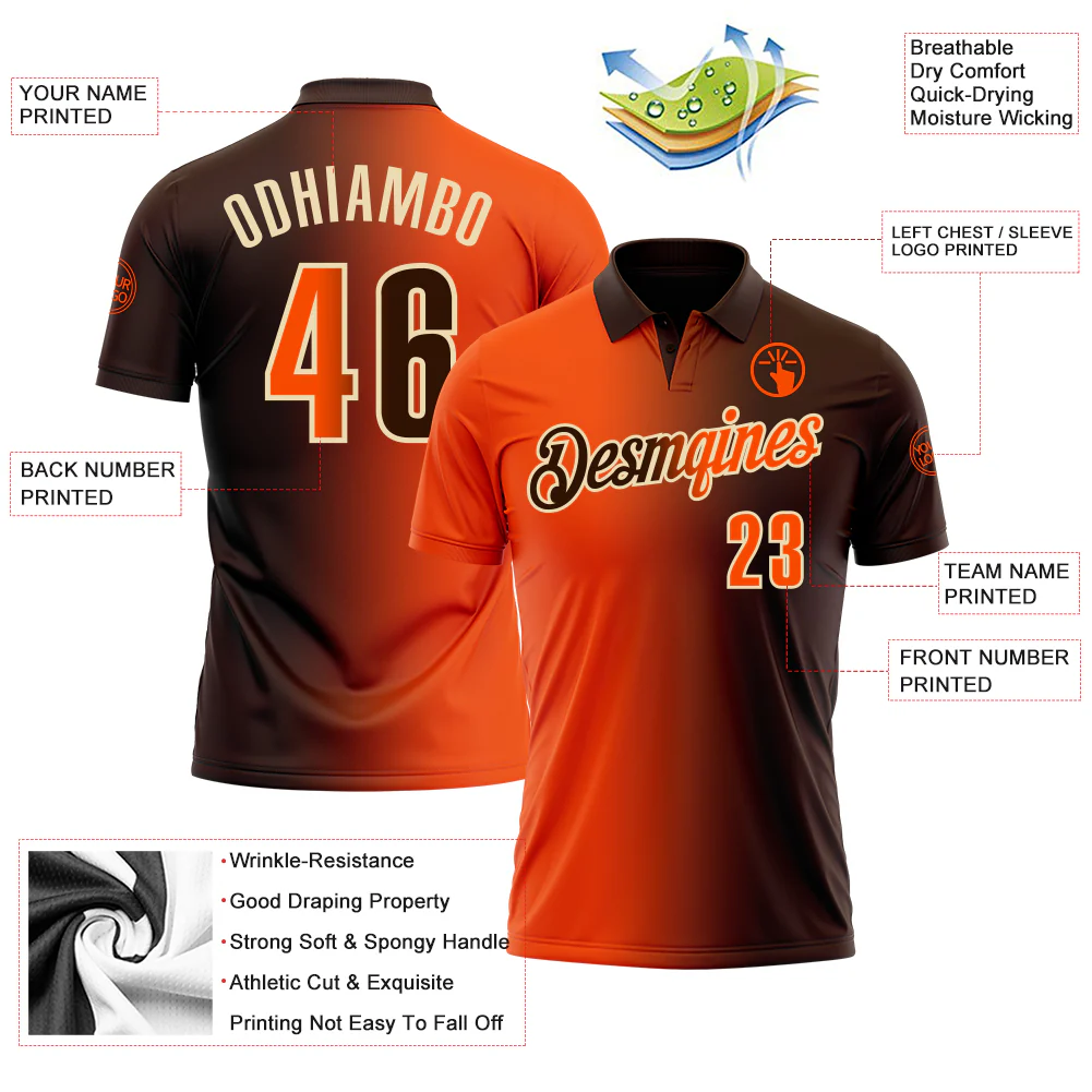 Custom Brown Orange-Cream 3D Gradient Fashion Performance Polo Shirt - Image 3