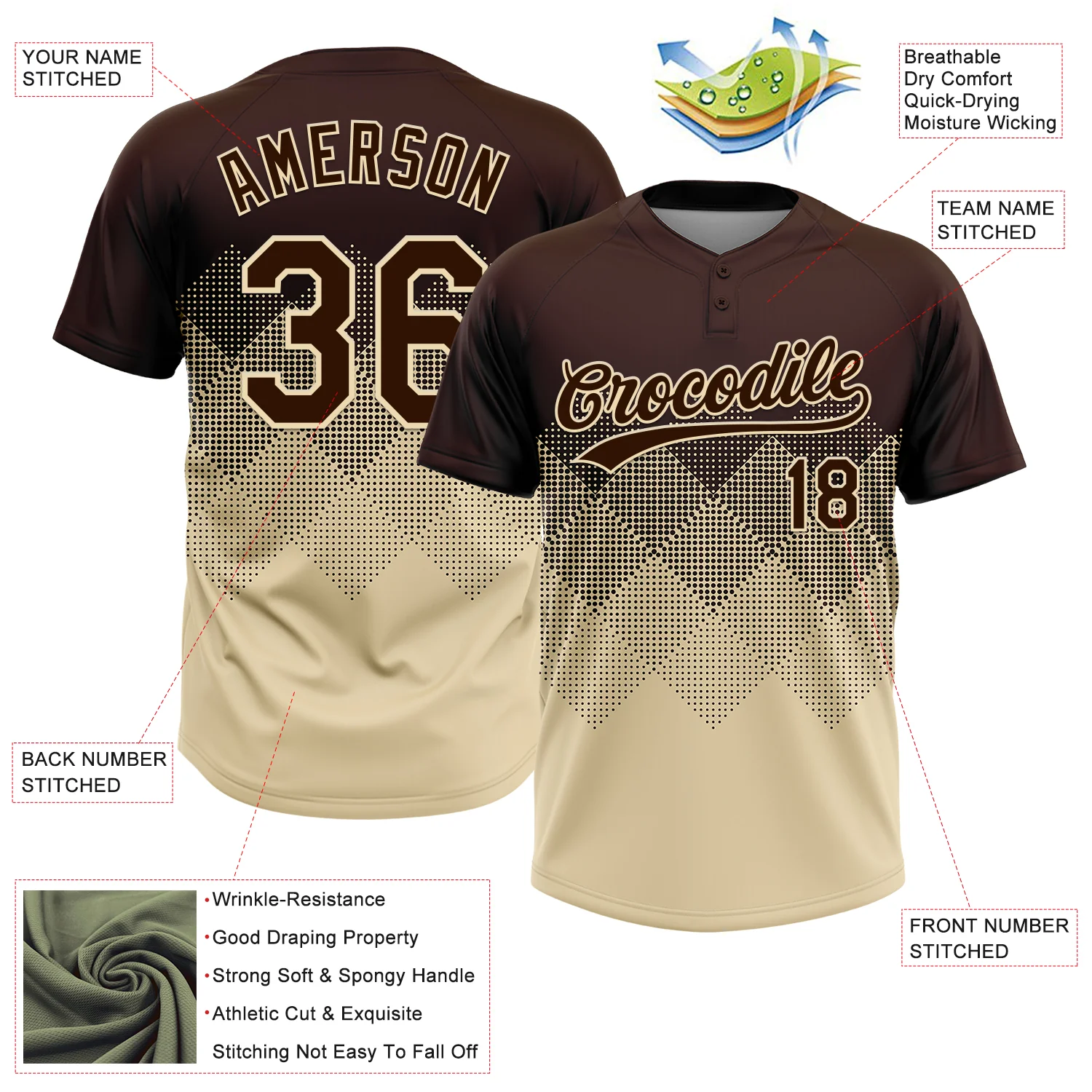 Custom Brown Cream 3D Gradient Square Shape Two-Button Unisex Softball Jersey - Image 3