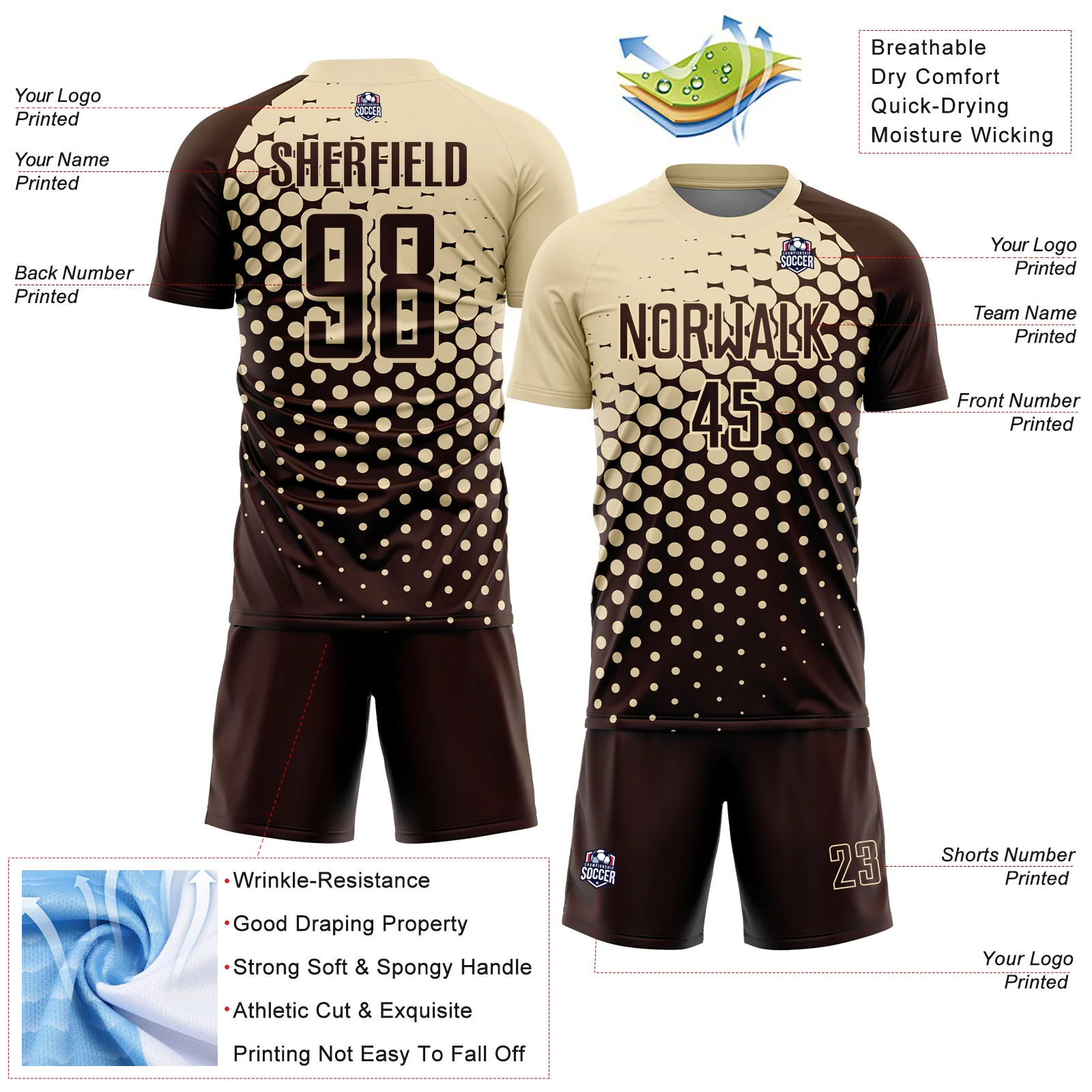 Custom Brown Cream Modern Polka Dot Sublimation Soccer Uniform Jersey - Image 4