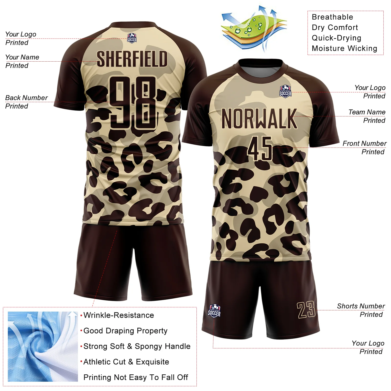 Custom Brown Cream Animal Leopard Print Sports Sublimation Soccer Uniform Jersey - Image 4