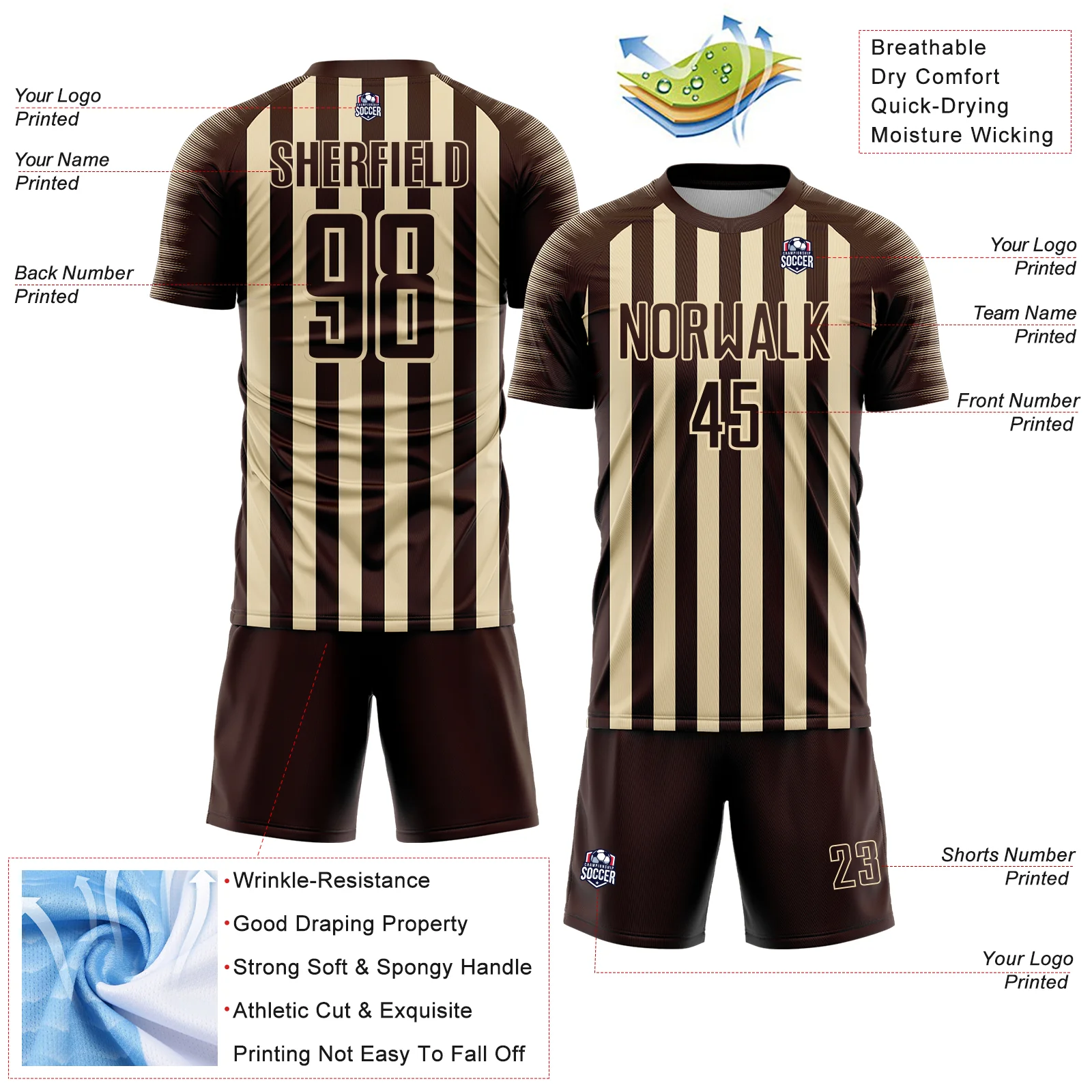 Custom Brown Cream Stripe Sports Sublimation Soccer Uniform Jersey - Image 4