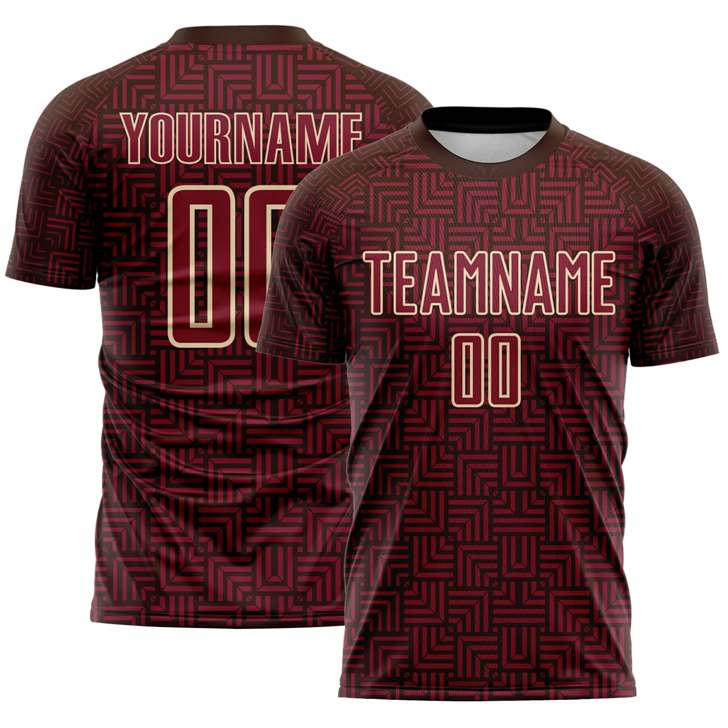 Custom Brown Crimson-Cream Geometric Maze Interlocking Square Sports Sublimation Soccer Uniform Jersey