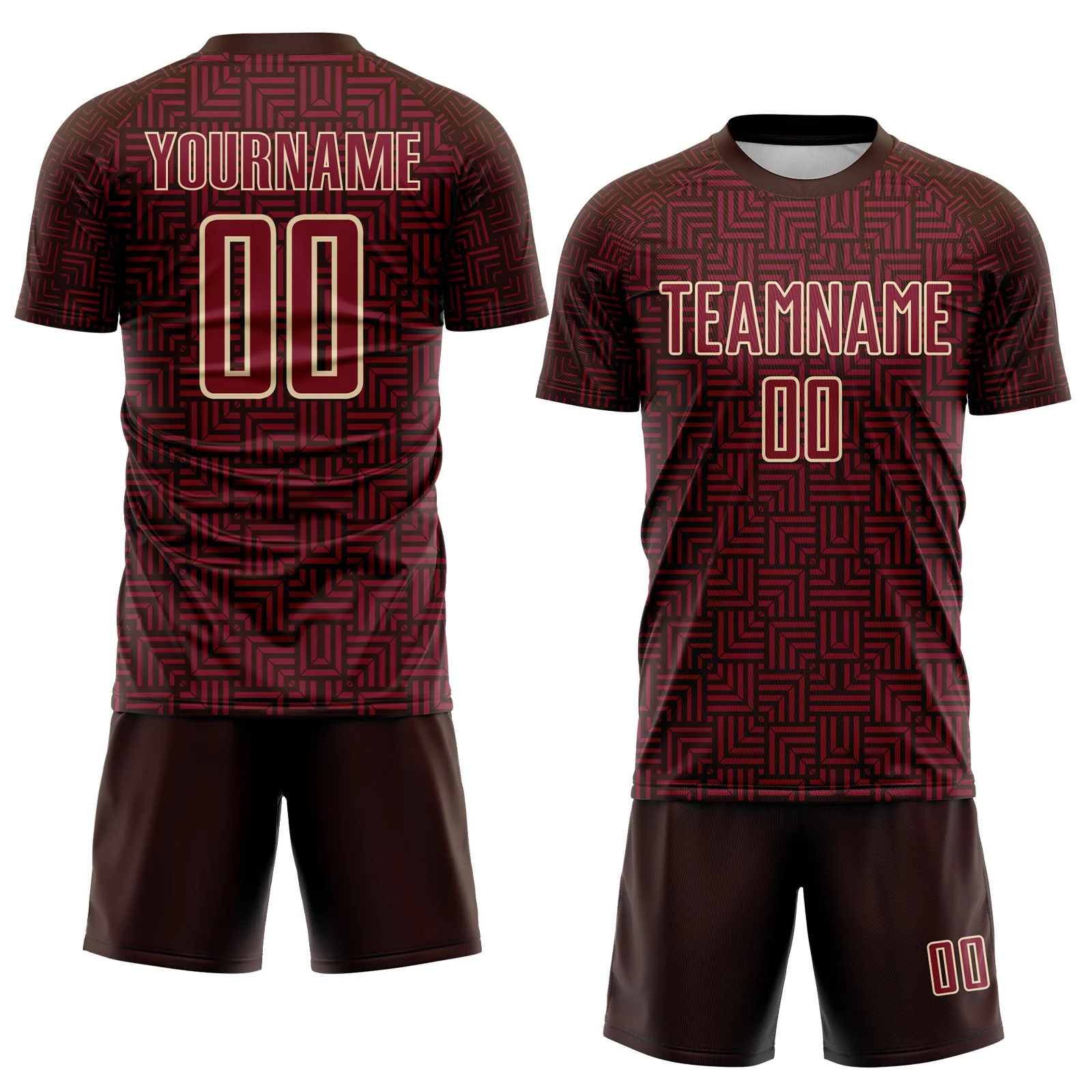 Custom Brown Crimson-Cream Geometric Maze Interlocking Square Sports Sublimation Soccer Uniform Jersey - Image 2