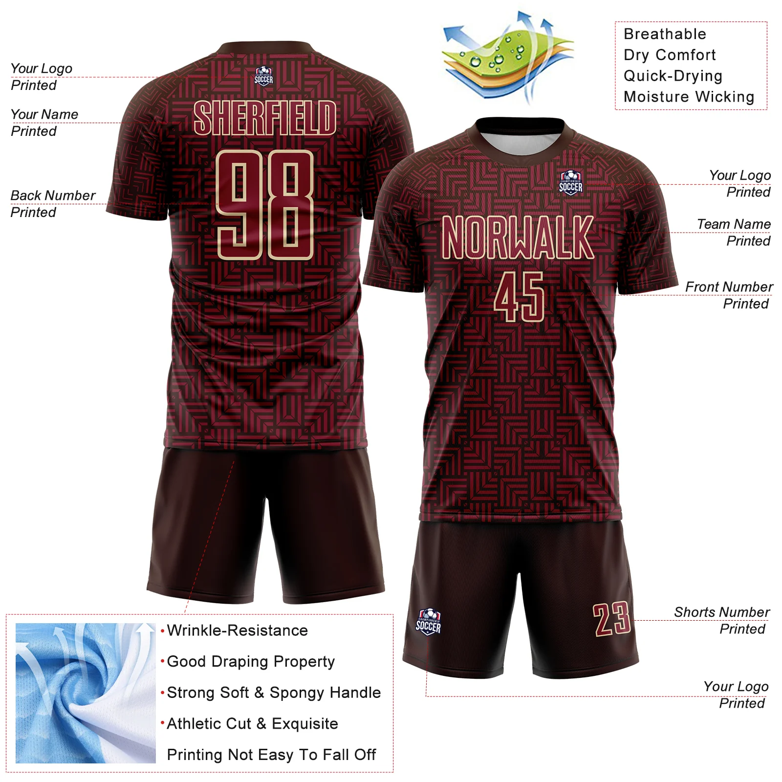 Custom Brown Crimson-Cream Geometric Maze Interlocking Square Sports Sublimation Soccer Uniform Jersey - Image 4