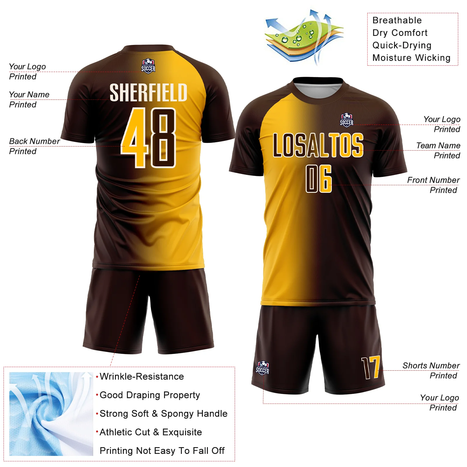 Custom Brown Gold-Cream Sublimation Gradient Fashion Soccer Uniform Jersey - Image 4