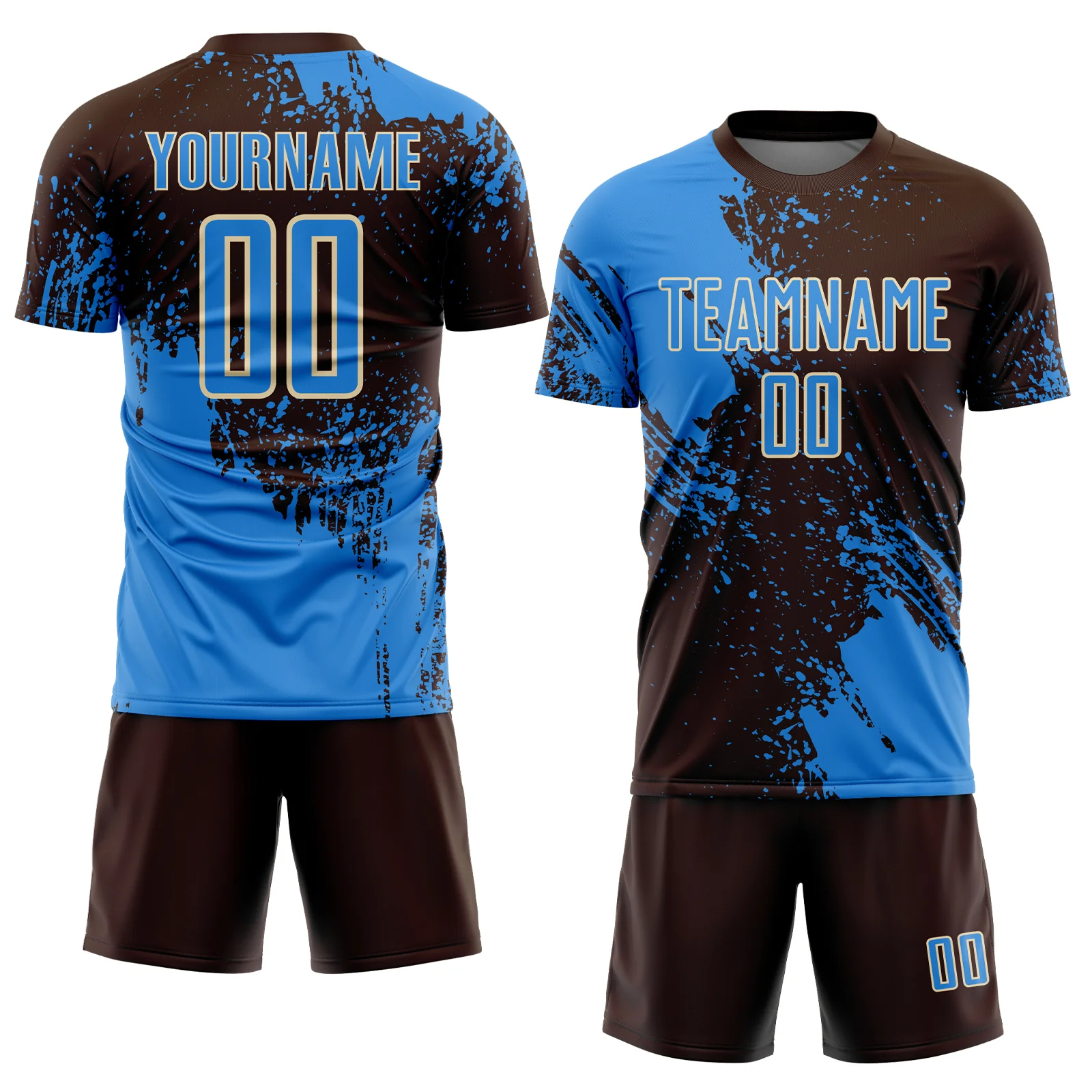 Custom Brown Powder Blue-Cream Abstract Brush Stroke Sports Sublimation Soccer Uniform Jersey - Image 2