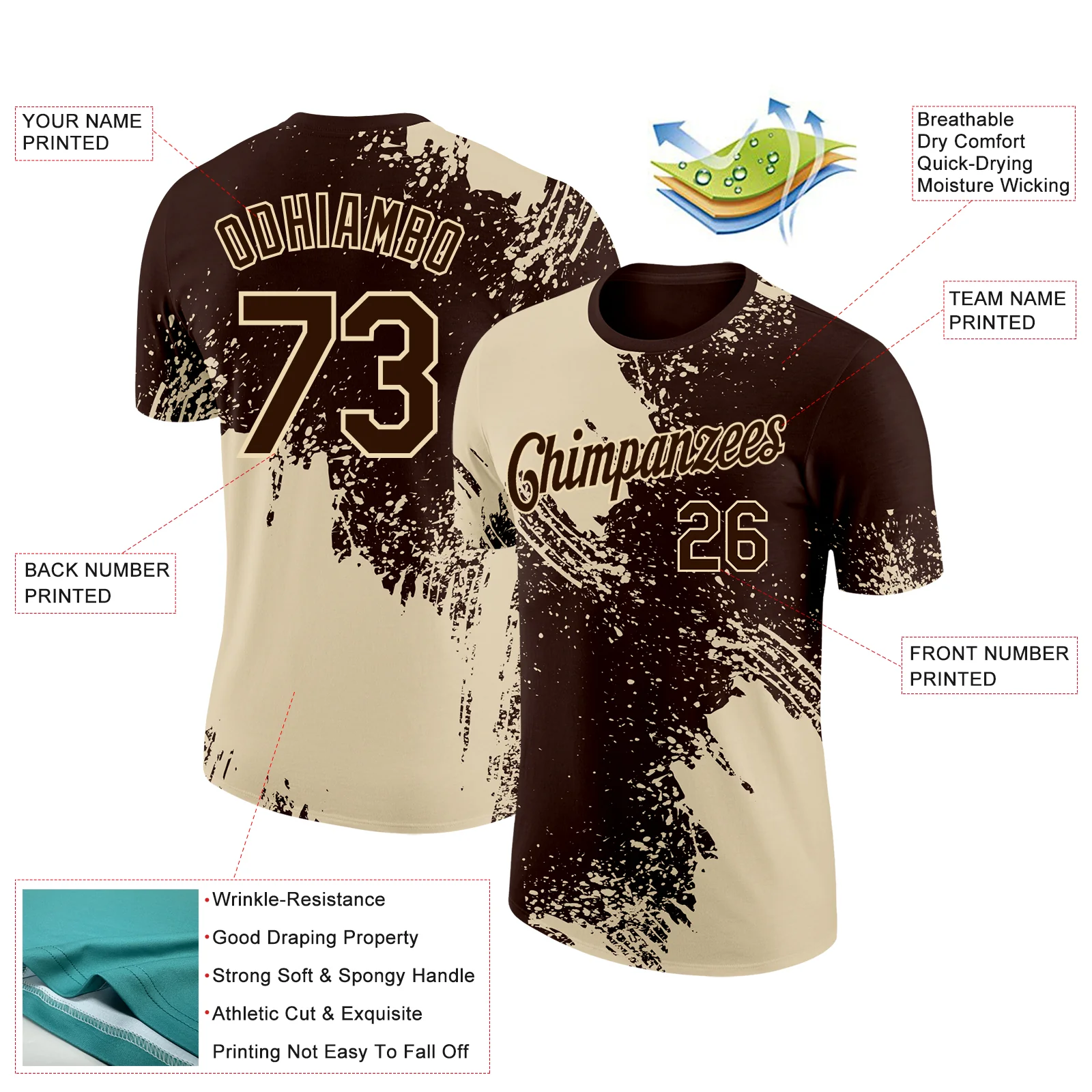 Custom Brown Cream 3D Pattern Design Abstract Brush Stroke Performance T-Shirt - Image 2