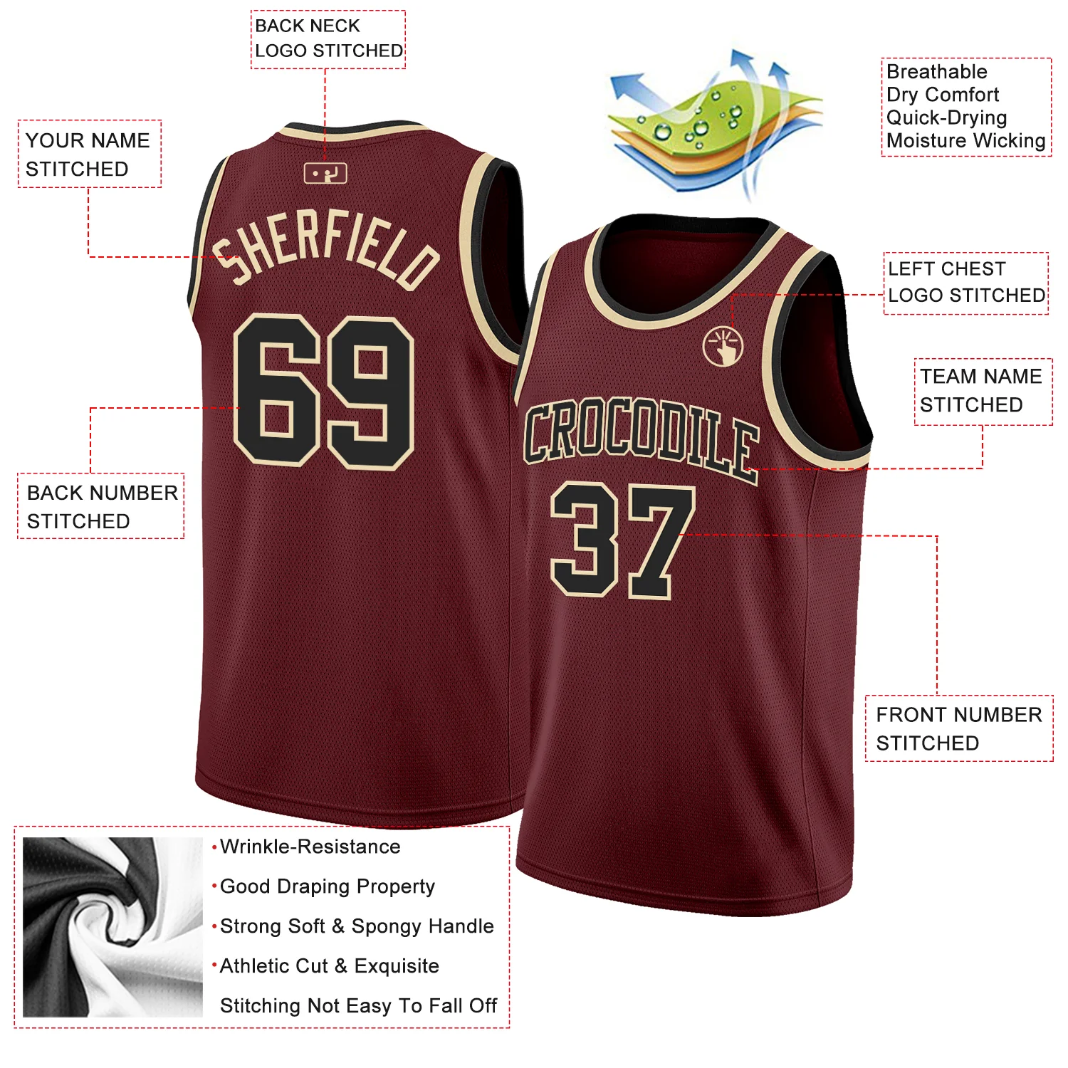 Custom Burgundy Black-Cream Authentic Basketball Jersey - Image 2