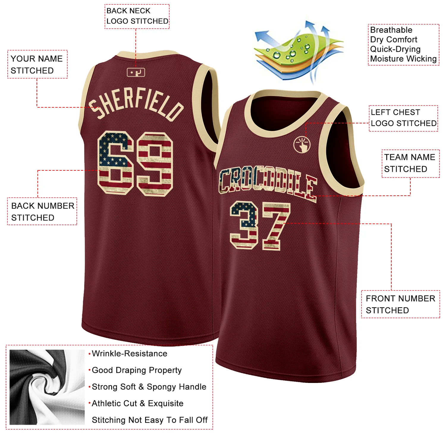 Custom Burgundy Vintage USA Flag-Cream Authentic Basketball Jersey - Image 2