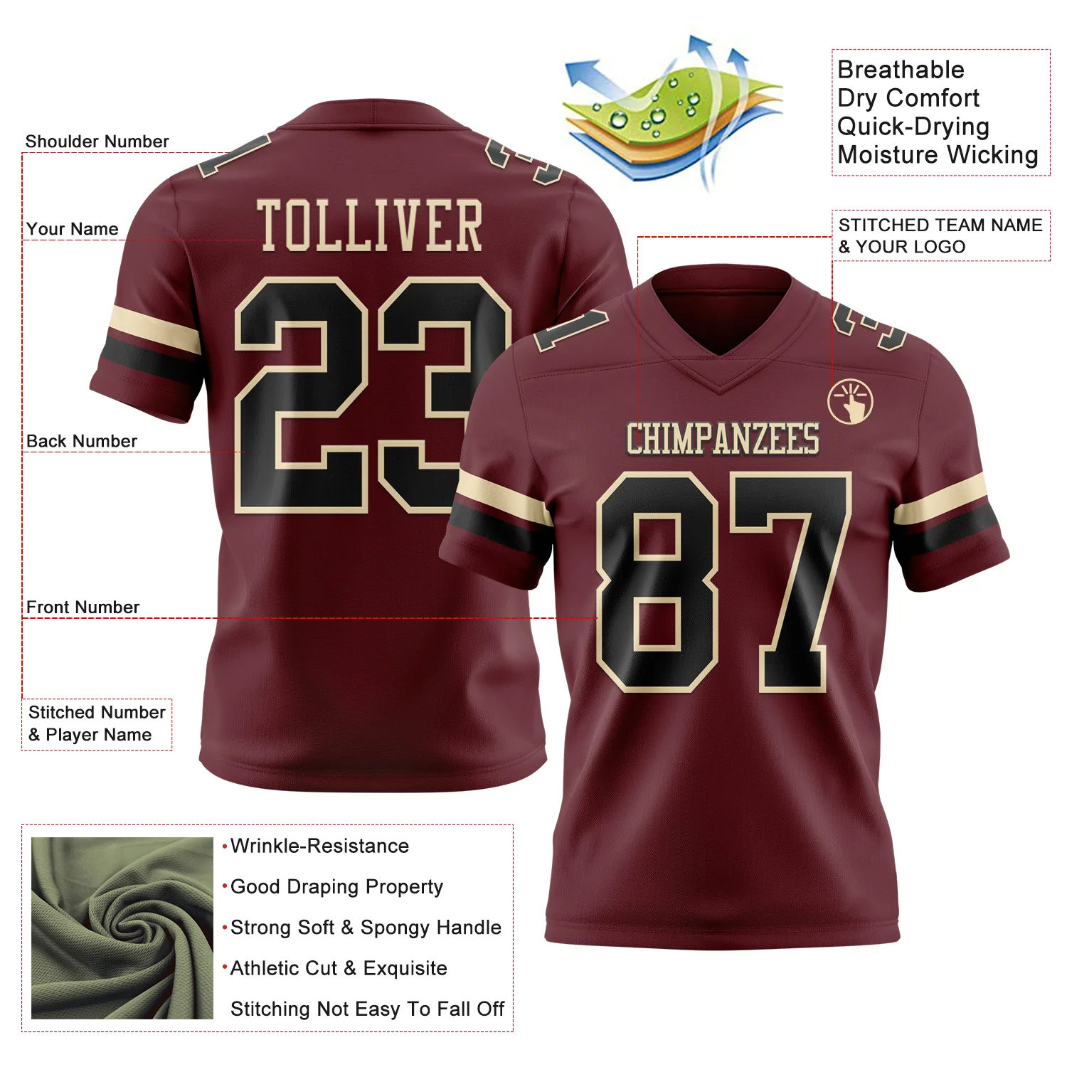 Custom Burgundy Black-Cream Authentic Football Jersey - Image 3