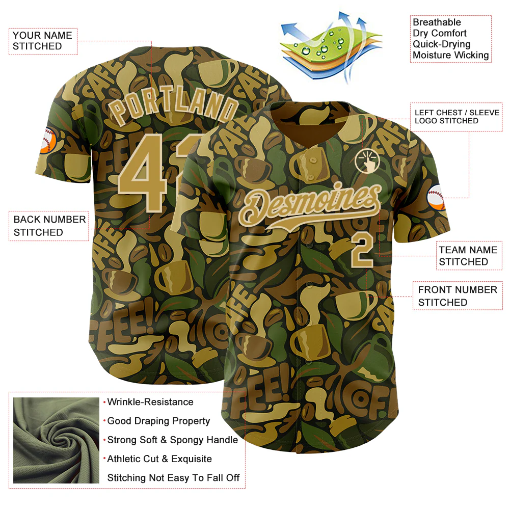 Custom Camo Old Gold-Cream 3D Tobe Fonseca Coffee Army Camouflage Authentic Baseball Jersey - Image 3