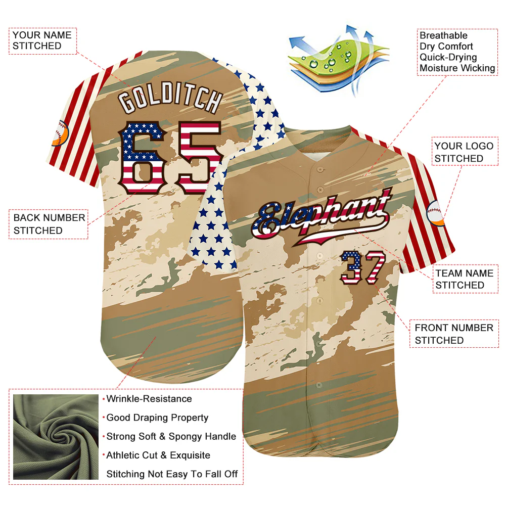 Custom Camo USA Flag Cream-Brown Patriotic Desert Camouflage Stars & Stripes Raglan Sleeves Authentic Baseball Jersey - Image 3