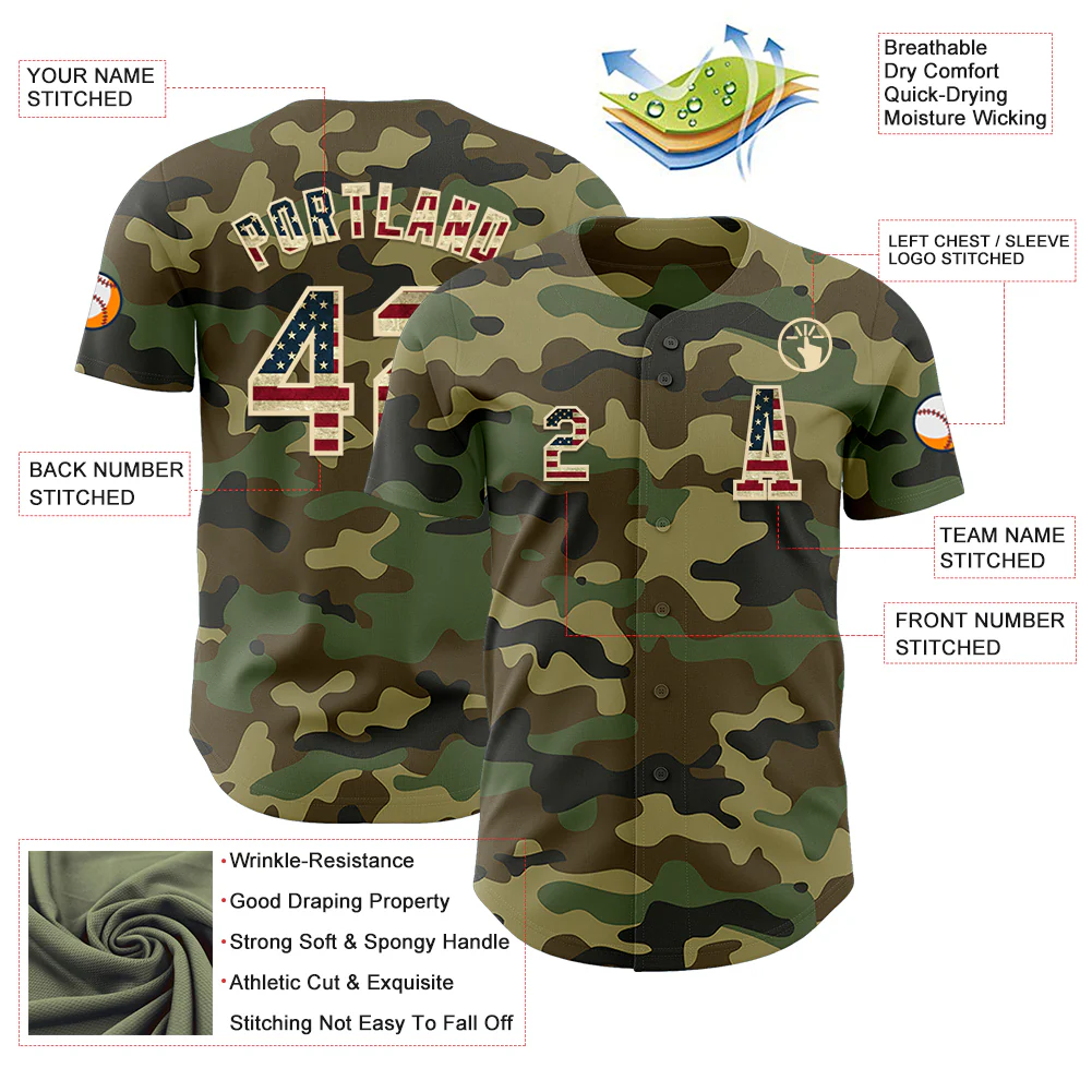 Custom Camo Vintage USA Flag-Cream Authentic Salute To Service Baseball Jersey - Image 2