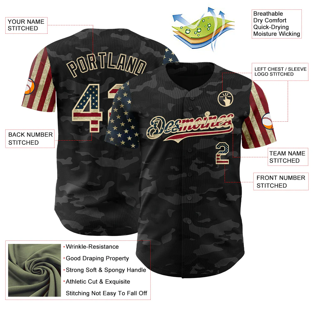 Custom Camo Vintage USA Flag-Cream 3D Authentic Salute To Service Baseball Jersey - Image 3