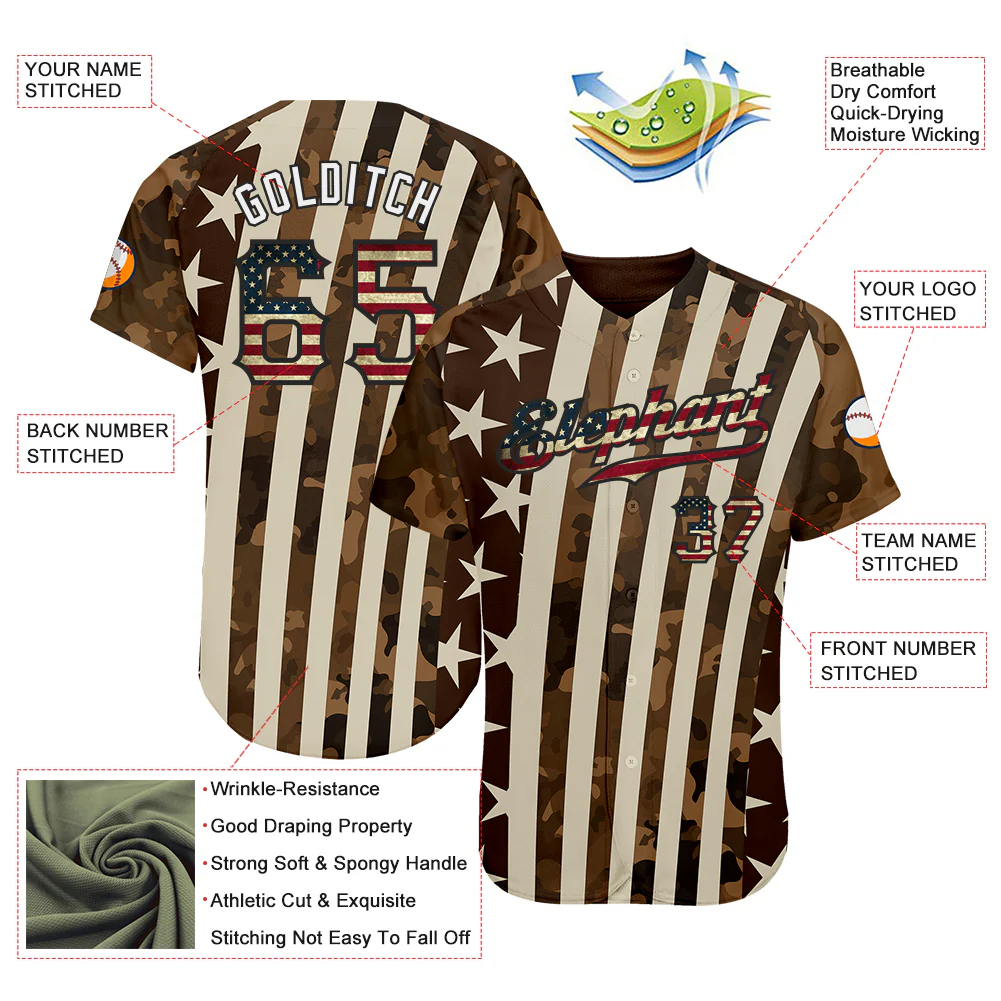 Custom Camo Vintage USA Flag Cream Black-White Patriotic Desert Camouflage Raglan Sleeves Authentic Baseball Jersey - Image 3