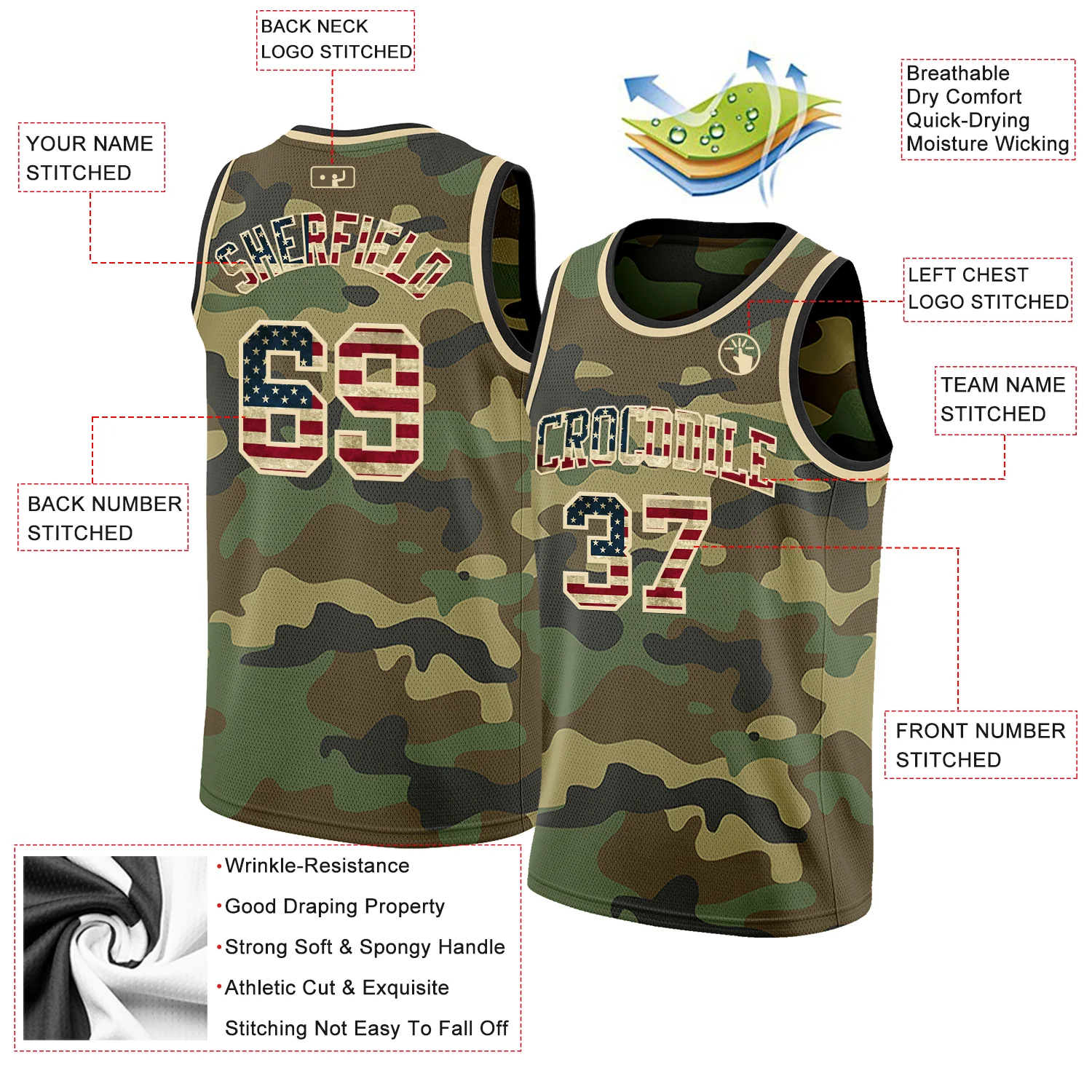 Custom Camo Vintage USA Flag Cream-Black Authentic Salute To Service Basketball Jersey - Image 2