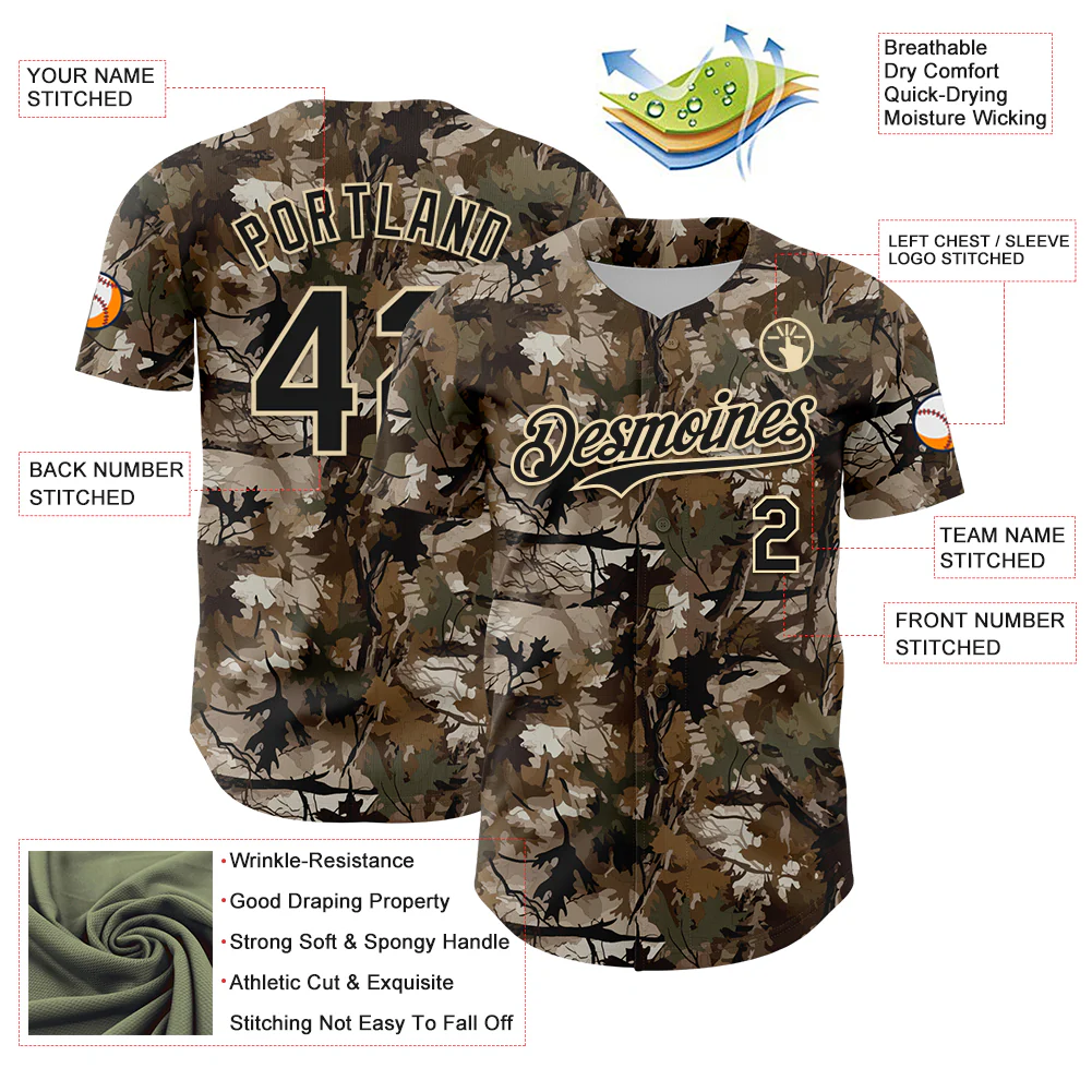 Custom Camo Black-Cream 3D Woodland Camo Authentic Salute To Service Baseball Jersey - Image 3