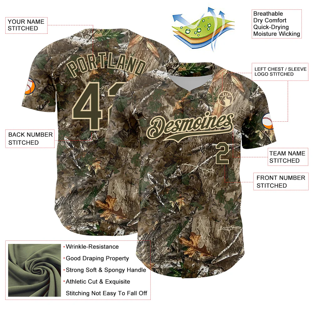 Custom Camo Olive-Cream 3D Woodland Camo Authentic Salute To Service Baseball Jersey - Image 3