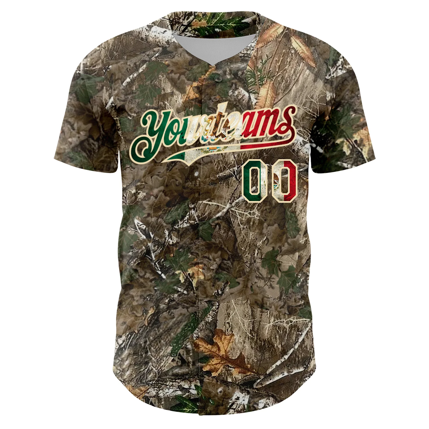 Custom Camo Vintage Mexican Flag-Cream 3D Woodland Camo Authentic Salute To Service Baseball Jersey - Image 2