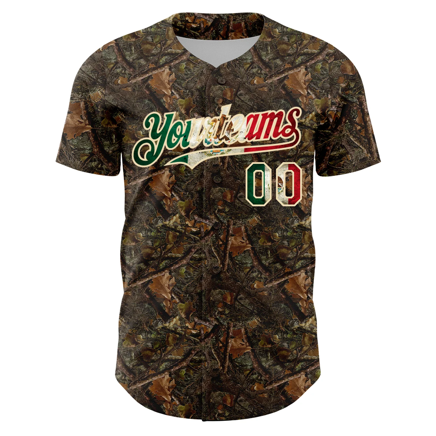 Custom Camo Vintage Mexican Flag-Cream 3D Woodland Camo Authentic Salute To Service Baseball Jersey - Image 2