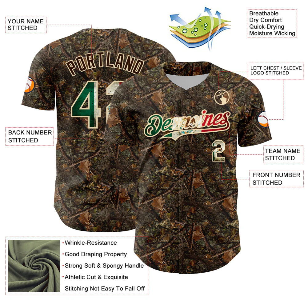 Custom Camo Vintage Mexican Flag-Cream 3D Woodland Camo Authentic Salute To Service Baseball Jersey - Image 3