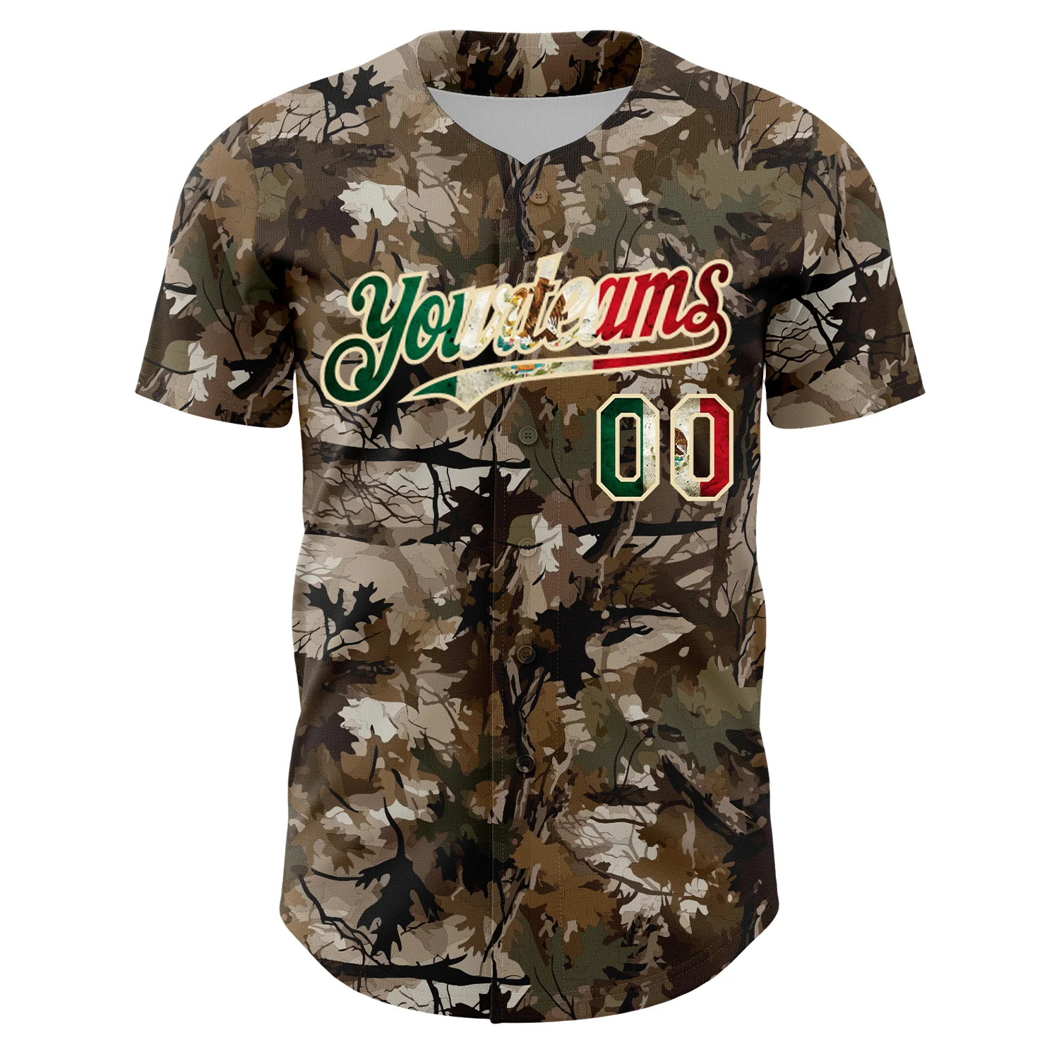Custom Camo Vintage Mexican Flag-Cream 3D Woodland Camo Authentic Salute To Service Baseball Jersey - Image 2
