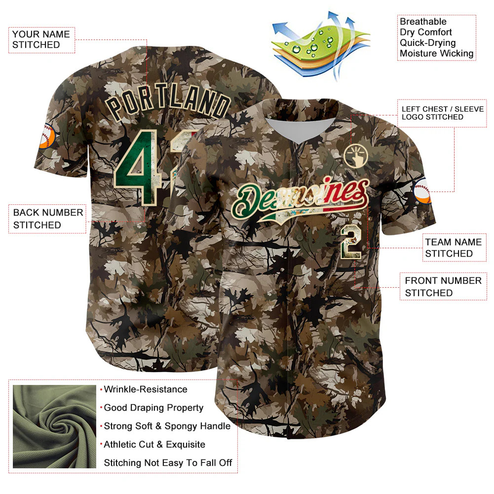Custom Camo Vintage Mexican Flag-Cream 3D Woodland Camo Authentic Salute To Service Baseball Jersey - Image 3