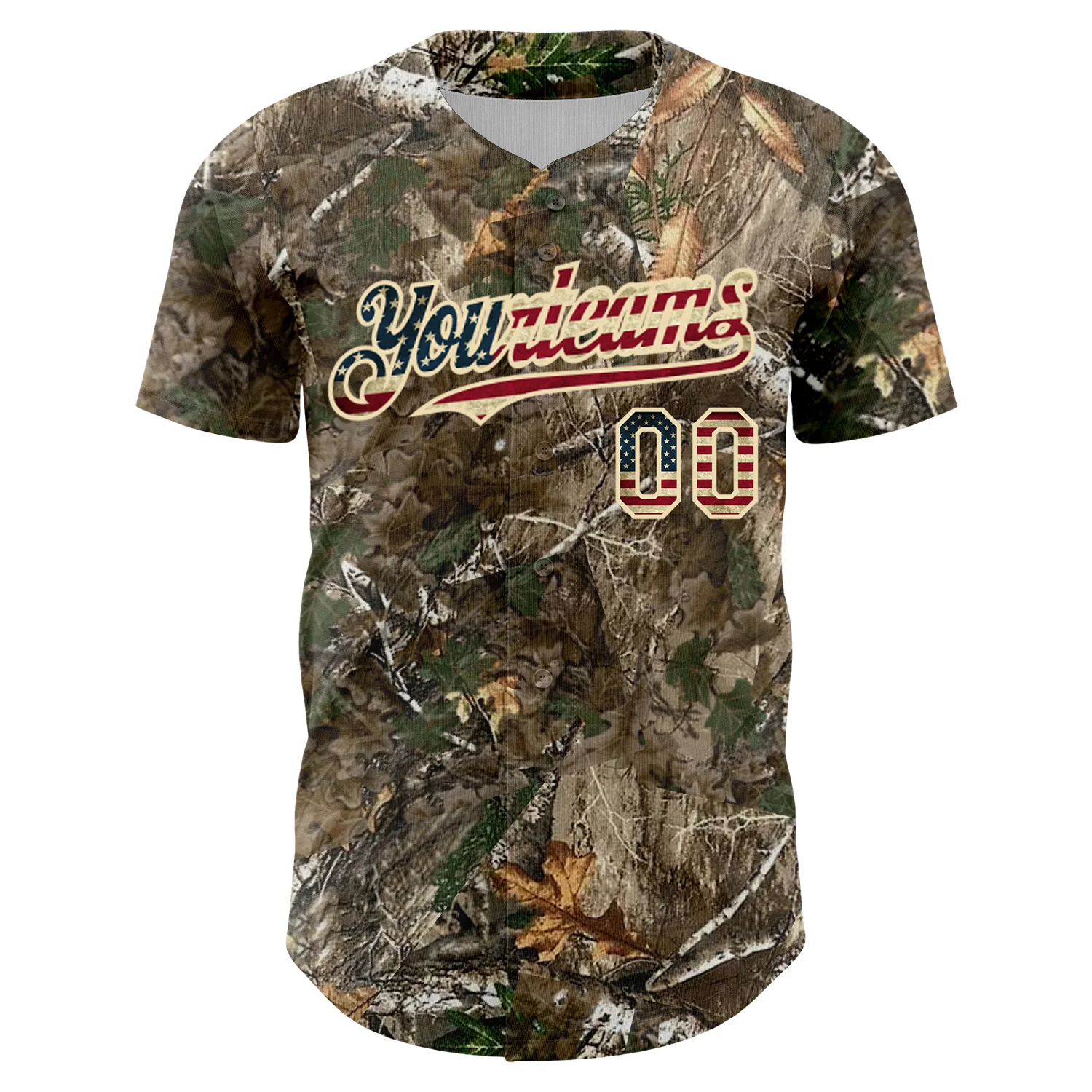 Custom Camo Vintage USA Flag-Cream 3D Woodland Camo Authentic Salute To Service Baseball Jersey - Image 2