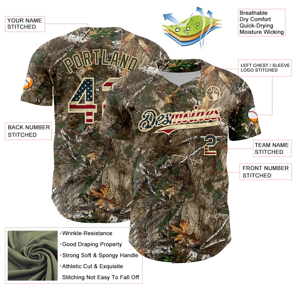Custom Camo Vintage USA Flag-Cream 3D Woodland Camo Authentic Salute To Service Baseball Jersey - Image 3