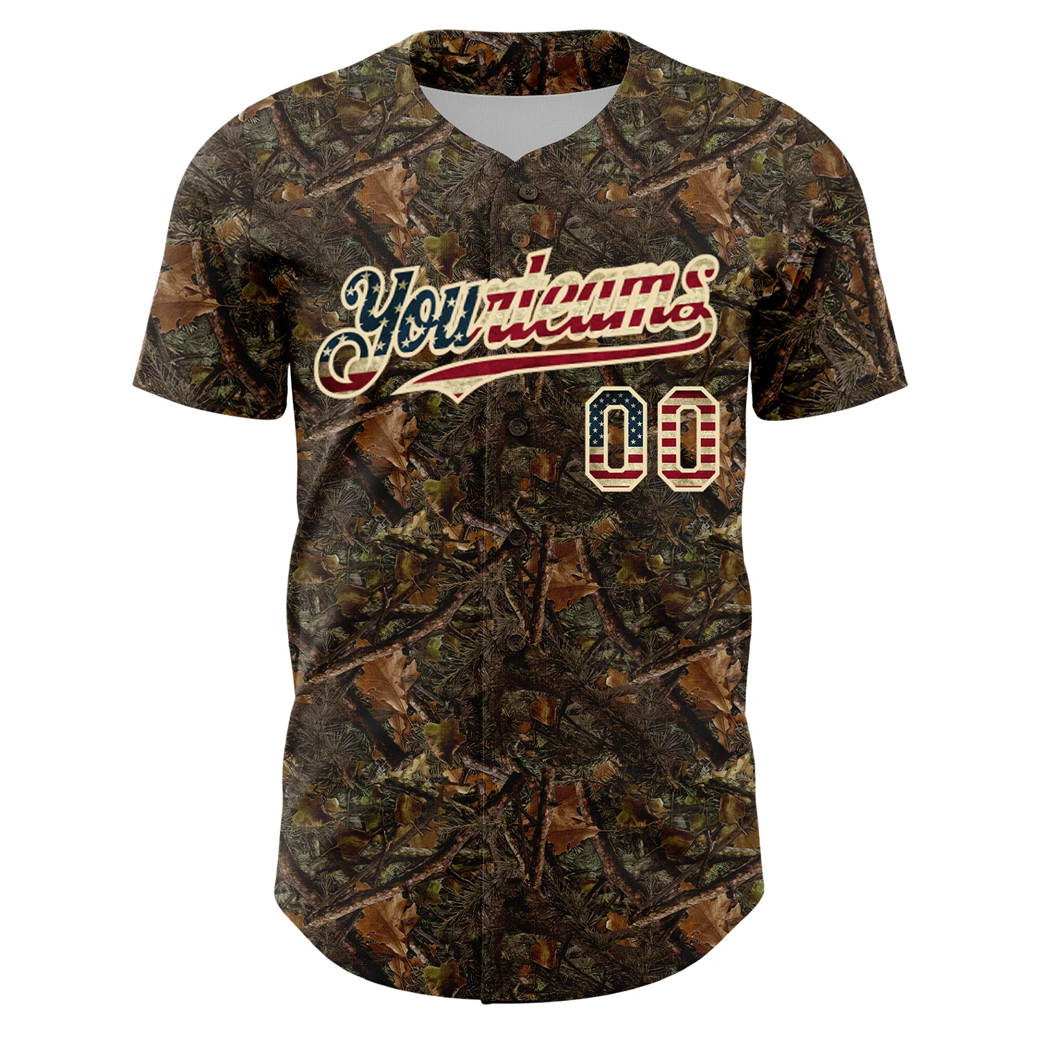 Custom Camo Vintage USA Flag-Cream 3D Woodland Camo Authentic Salute To Service Baseball Jersey - Image 2