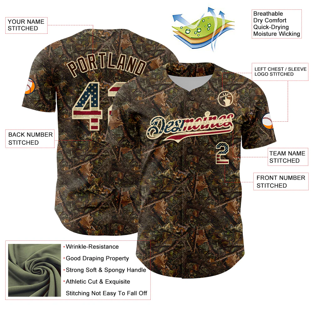 Custom Camo Vintage USA Flag-Cream 3D Woodland Camo Authentic Salute To Service Baseball Jersey - Image 3