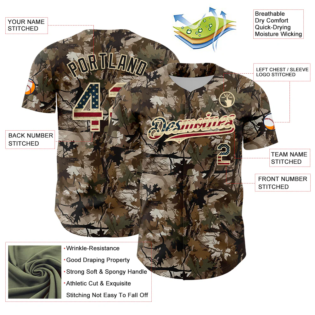 Custom Camo Vintage USA Flag-Cream 3D Woodland Camo Authentic Salute To Service Baseball Jersey - Image 3