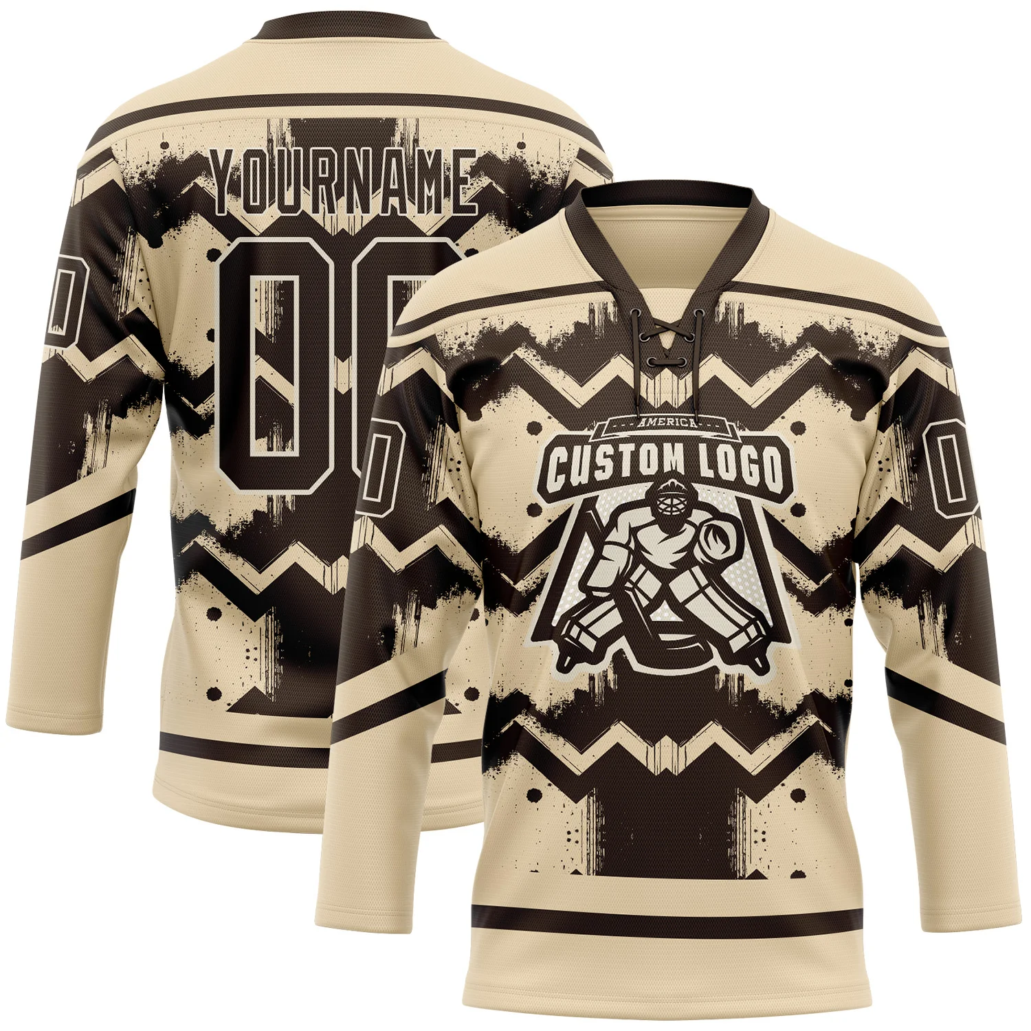 Custom City Cream Brown-Cream Tribal Indigenous Grunge Geometric Splash Hockey Lace Neck Jersey - Image 2