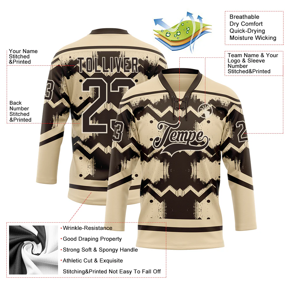 Custom City Cream Brown-Cream Tribal Indigenous Grunge Geometric Splash Hockey Lace Neck Jersey - Image 5