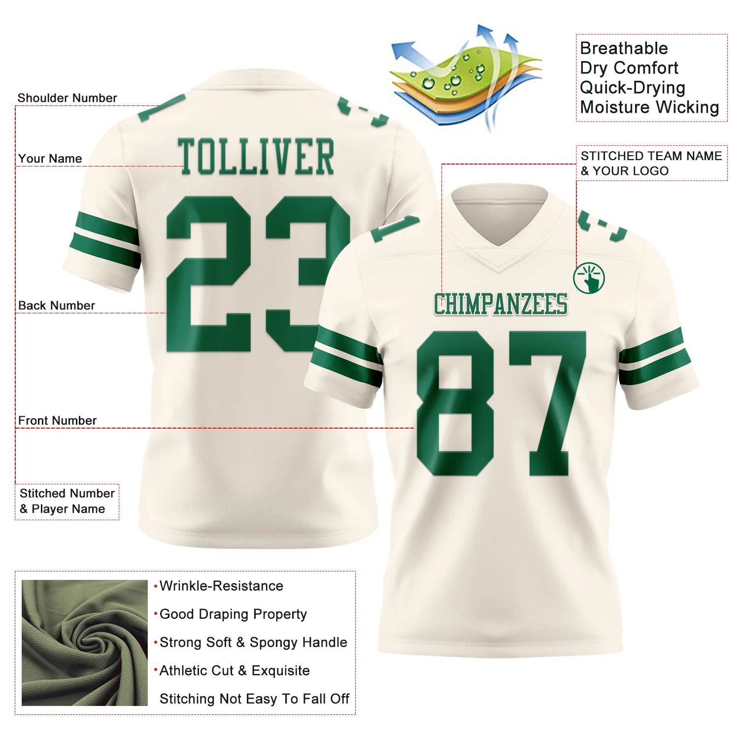 Custom Cream Kelly Green Authentic Football Jersey - Image 3