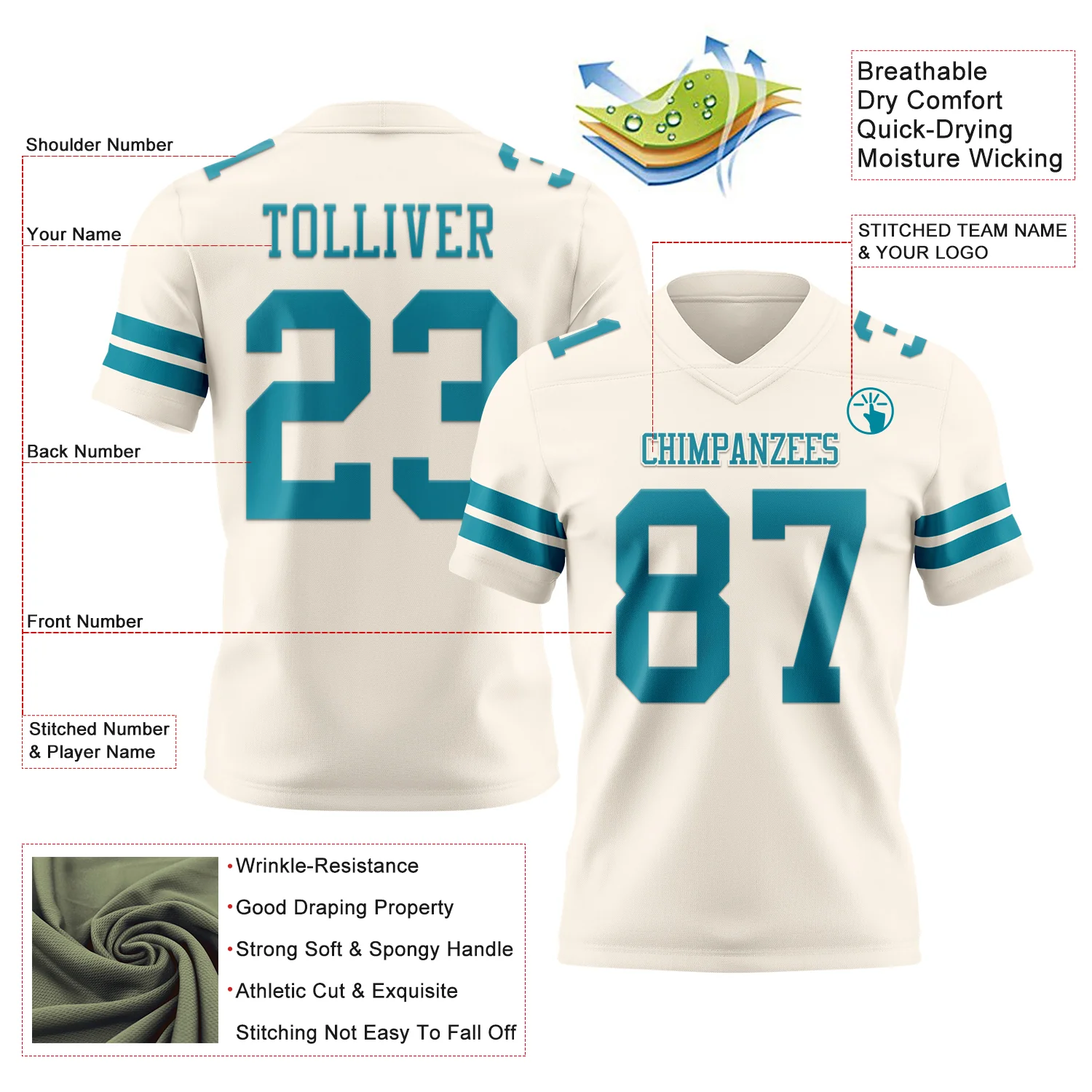 Custom Cream Teal Authentic Football Jersey - Image 3