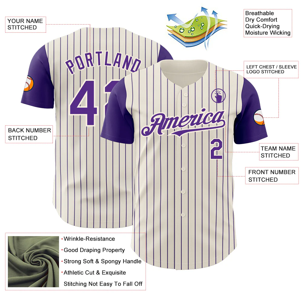 Custom Cream Purple Pinstripe Purple Authentic Two Tone Baseball Jersey - Image 3