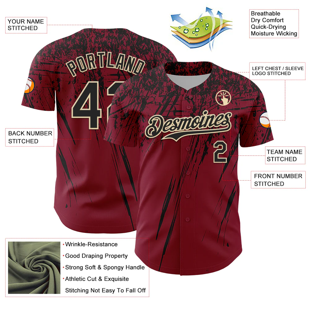 Custom Crimson Black-Cream Distressed Scratch Brush Stroke Authentic Baseball Jersey - Image 3
