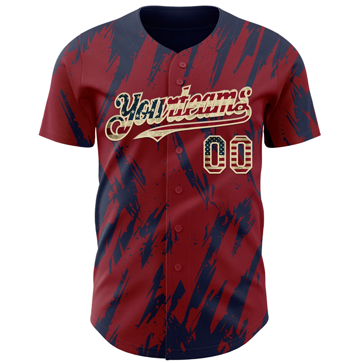 Custom Crimson Vintage USA Flag Cream-Navy Splatter Torn Sharp Brush Stroke Authentic Baseball Jersey - Image 2