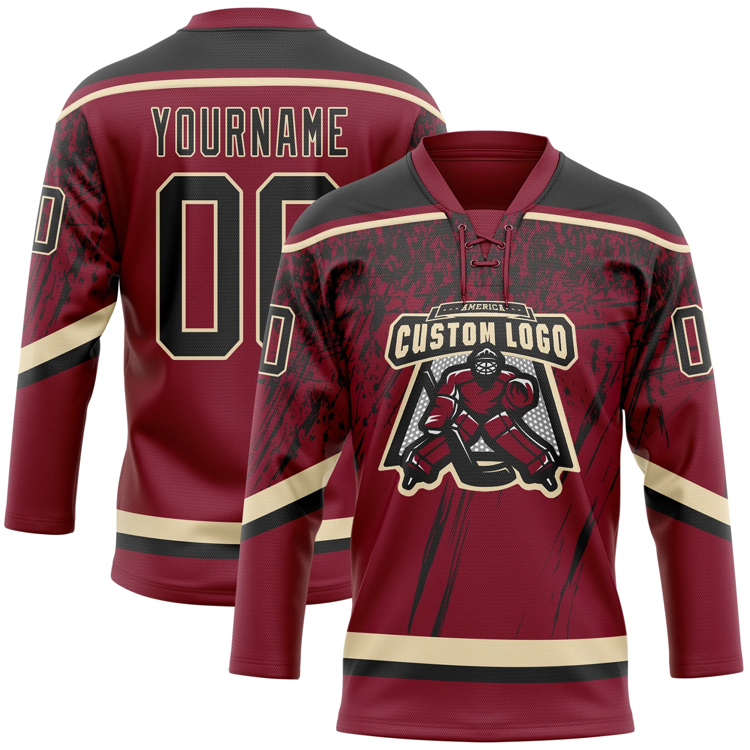 Custom Crimson Black-Cream 3D Splash Hockey Lace Neck Jersey - Image 2