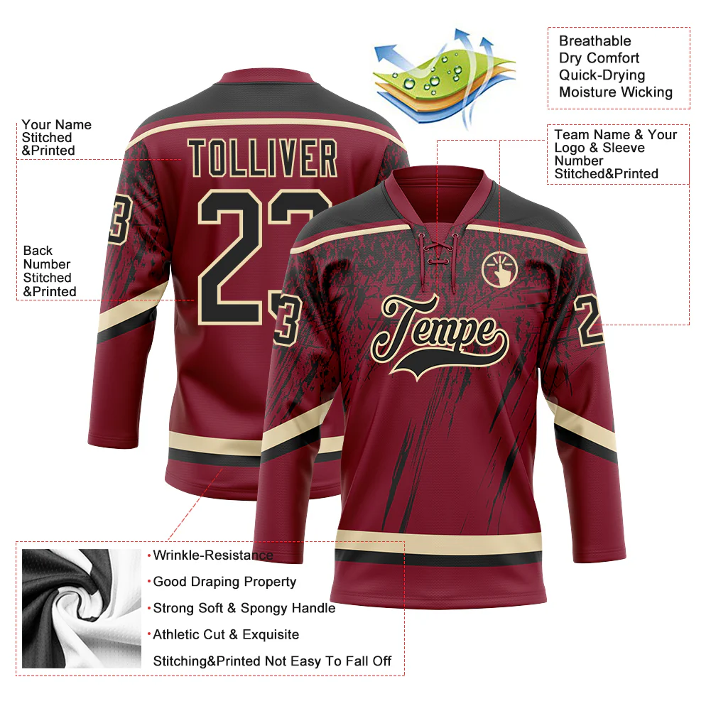 Custom Crimson Black-Cream 3D Splash Hockey Lace Neck Jersey - Image 3