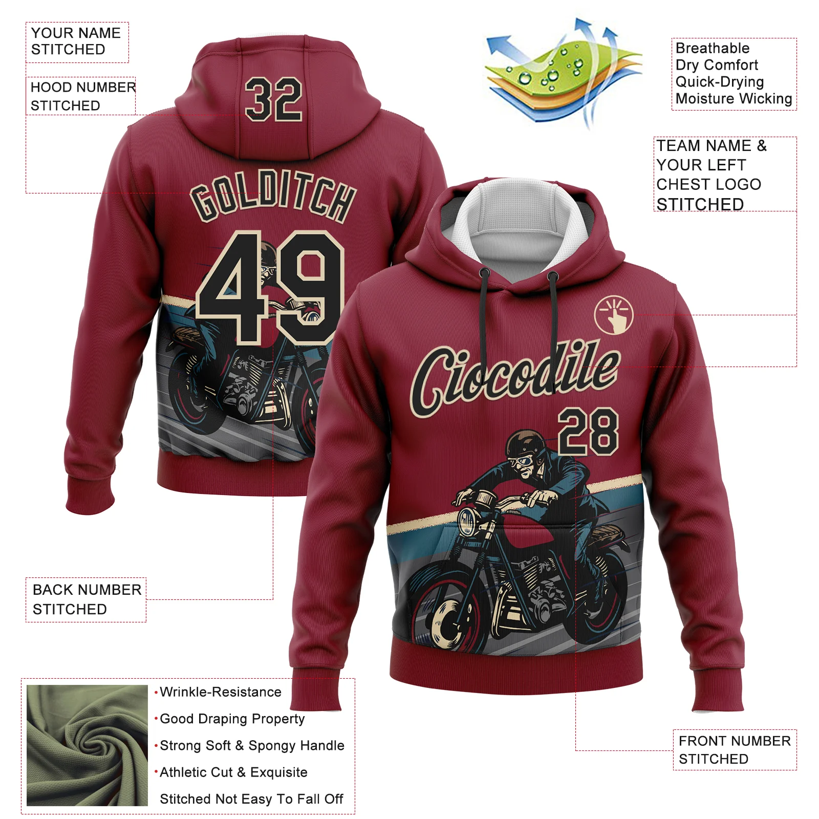 Custom Stitched Crimson Black-Cream 3D Pattern Design Motorcycle Motocross Racing Sports Pullover Sweatshirt Hoodie - Image 2