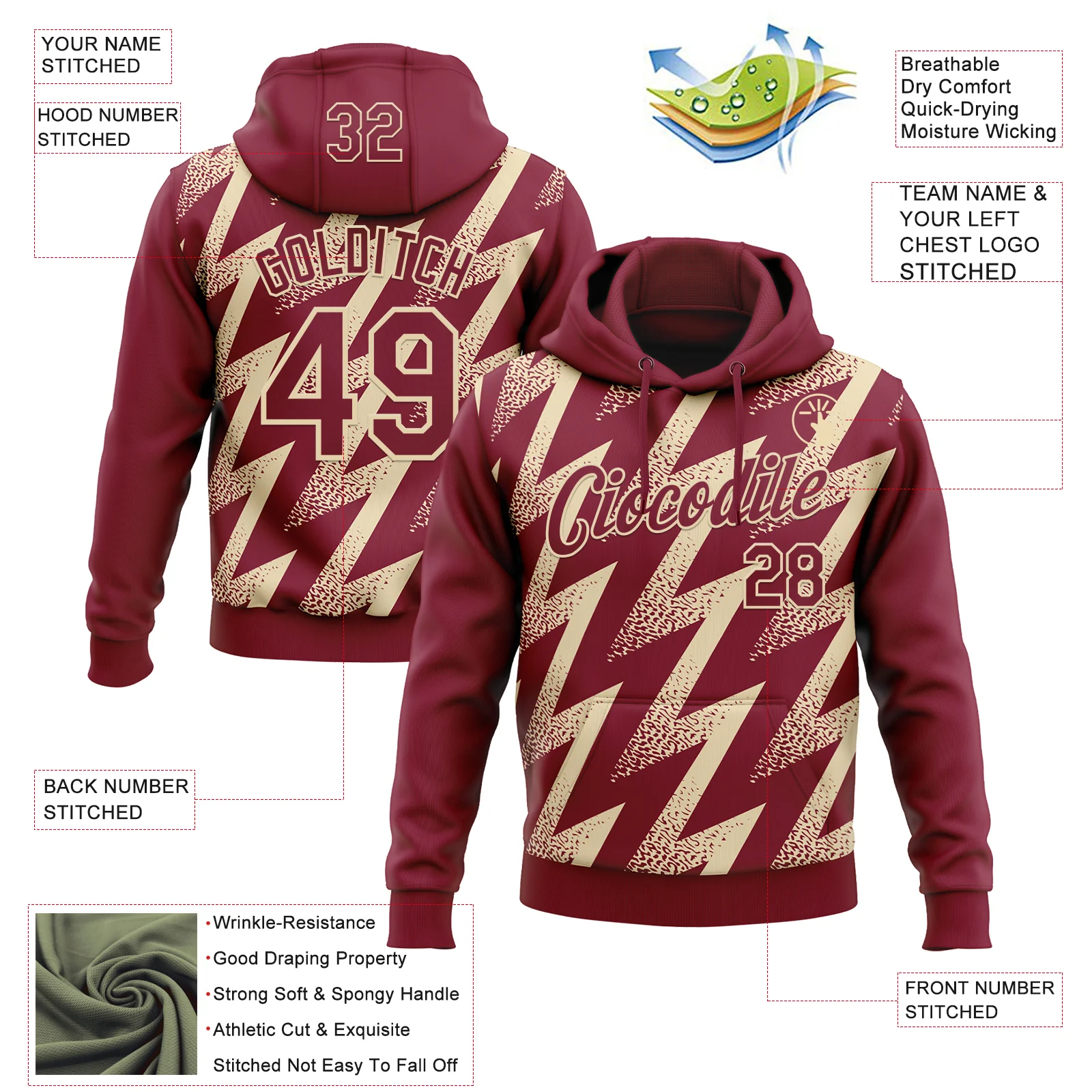 Custom Stitched Crimson Cream Zigzag Shape Sports Pullover Sweatshirt Hoodie - Image 4