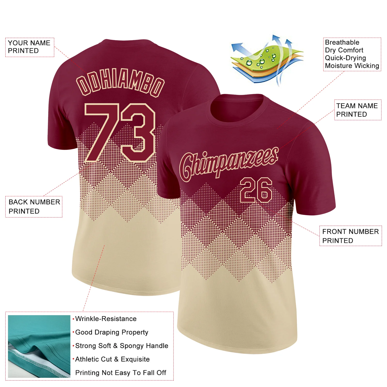 Custom Crimson Cream 3D Pattern Design Gradient Square Shapes Performance T-Shirt - Image 2